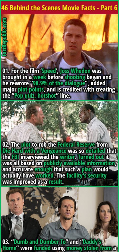 01. For the film ‘Speed’, Joss Whedon was brought in a week before shooting began and he rewrote “98.9% of the dialogue”, added major plot points, and is credited with creating the “Pop quiz, hotshot” line. #movies #films #hollywood #didyouknow #interesting #actor #bts #behindthescene #speed #diehard #fbi #crime #gold Crazy Facts, Container Workshop, Random Trivia, Film Facts, Plot Points, Read It And Weep, Best Movie Lines, Fact Republic, Unique Facts