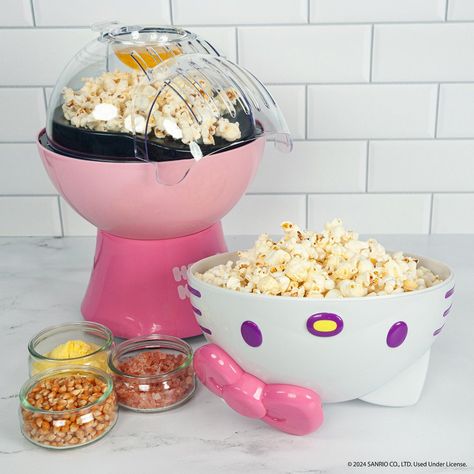 Uncanny Brands Hello Kitty Popcorn Maker - Kitchen Appliance. Add a touch of Sanrio magic to your next movie night! This adorable 3 dimensional popcorn maker is perfect for adding a dash of Hello Kitty cuteness to your kitchen collection. Whether you're hosting a movie night, a party, or simply craving a tasty snack, this iconic pink popcorn maker delivers freshly popped popcorn with ease. The top cover doubles as a serving bowl, making it both super cute and functional. Hello Kitty Popcorn, Hello Kitty Kitchen Appliances, Hello Kitty Kitchen, Pink Popcorn, Your Next Movie, Hello Kitty Birthday Party, Pop Popcorn, Hello Kitty Birthday, Kitchen Appliance