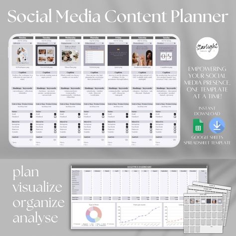 Social Media Content Manager - Social Media Content Planner - Social Media Content Calendar - Google Sheets Spreadsheet Template Planner Are you struggling to stay organized with your social media content planning? Our Social Media Content Planner is here to help! Designed specifically for small business owners and social media managers, this Google Sheets template makes it easy to plan and schedule your social media posts with precision and efficiency. With a tab for each month and columns for every day, you can input images, text, hashtags, links to products or your shop, and even categorize your posts by type (e.g., promotional, engagement, instructional) using the dropdown menu. Use the checkboxes to mark posts as drafts or finalized versions, and keep track of which platforms you've u Digital Marketing, Planner Content, Social Media Content Planner, Social Media Content Calendar, Content Calendar, Content Planner, Google Sheets, Media Content, Social Media Content