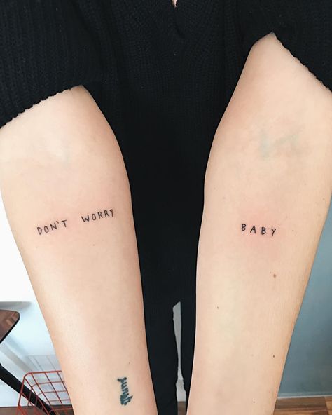 Words ‘Don’t worry baby’ tattoo by Kelli Kikcio inked on both forearms Lion Tattoo, Related Tattoos, Baby Tattoo, Mens Lion Tattoo, Hand Poke, Baby Tattoos, Elegant Tattoos, Vintage Poster Art, Word Tattoos