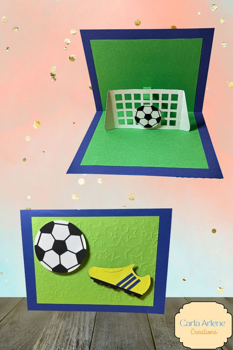 Need a card for a soccer fan? Make this popup card for a birthday Handmade Football Themed Birthday Cards, Soccer Cards Handmade, Soccer Birthday Cards, Soccer Birthday Card, Soccer Crafts, Soccer Cards, Simple Pop, Card Inspo, Fishing Cards