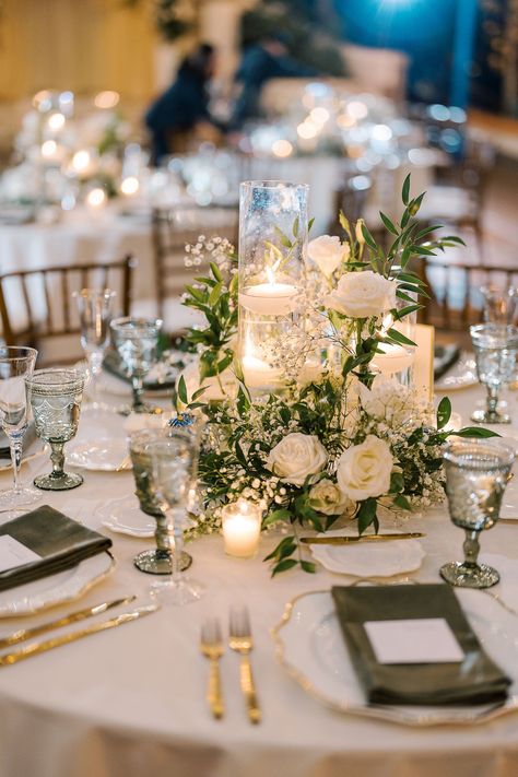 wedding inspiration. white and green wedding. traditional wedding. gold. modern floral inspiration. california wedding. floral design. floral inspo. Sage Green Wedding Decor Table Settings, White Gold And Green Wedding Decor, White Green Gold Wedding Table Decor, Neutral And Green Wedding Decor, Wedding Green Flowers, Wedding Florals And Candles, Sage Green Elegant Wedding, Wedding Decorations Gold And White, White Gold Sage Green Wedding