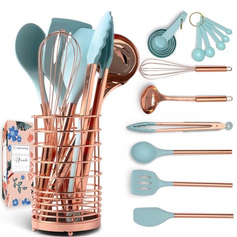 Copper Handles Kitchen, Rose Gold Kitchen Accessories, Copper Cooking Utensils, Blue Kitchen Utensils, Gold Kitchen Utensils, Copper And Teal, Teal Kitchen Decor, Copper Kitchen Utensils, Gold Kitchen Accessories