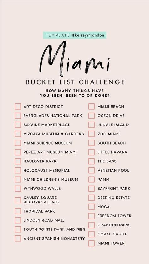 Miami Bucket List Challenge Miami Bucket List, Adventure Quotes Wanderlust, Rome Bucket List, Things To Do In Miami, Miami Vacation, Miami Travel, List Challenges, 100 Things To Do, Everglades National Park