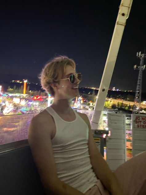 Blonde Boy with Sunglasses on Ferris Wheel in a Carnival at Night Blonde Hair And Blue Eyes Boy, City Guy Aesthetic, Blonde Hair Guy Aesthetic, Blond Guy Aesthetic, Blonde Boys Aesthetic, Blonde Men Aesthetic, Blonde Hair Boy Aesthetic, Blond Hair Guy, Blond Boy Aesthetic