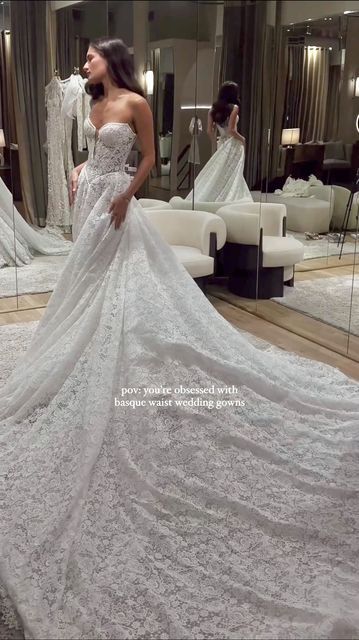 Galia Lahav on Instagram: "For those who can’t get enough of basque gowns, Opéra is your obsession fulfilled. This French guipure corseted ball gown redefines sophistication with a cat-eye plunging neckline and a captivating long train. It’s the grandeur you’ve been waiting for #galialahav" Galialahav Wedding Dress, Lace Wedding Dress Train, Cordet Wedding Dress, Wedding Dresses Ball Gown Long Train, Galia Lahav Opera, Bridal Dresses Corset Wedding Gowns, Around The Neck Wedding Dress, Low Back Corset Wedding Dress, Glam Wedding Gown