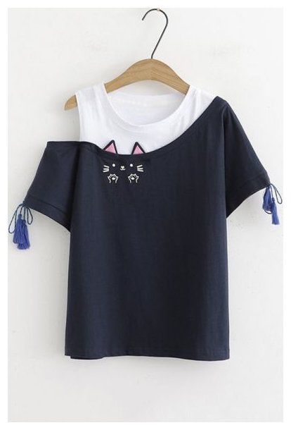 #t-shirts #for #girls Girls Cute Cat Embroidery Round Neck Cold Shoulder Tassel Short Sleeve Patched Casual T-Shirt Crop Top Outfits, Girls Top Design, Cat Embroidery, Fashion Tops Blouse, Elegante Casual, غرفة ملابس, Trendy Fashion Tops, Chic Shop, Fashion Blogger Style