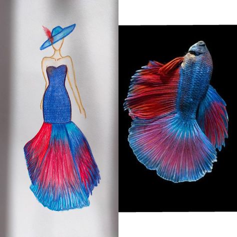 Fish Inspired Dress Illustration, Fish Fashion Design Inspiration, Fish Inspired Fashion Illustration, Animal Fashion Design, Nature Inspired Fashion Illustration, Fish Fashion Design, Fish Dress Fashion, Natural Motif Drawing, Fish Inspired Fashion