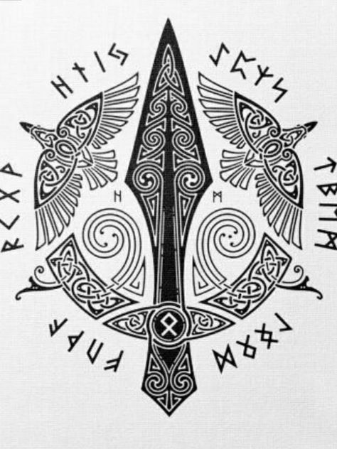 Gungnir Tattoo Design, Runic Ring, Knotwork Tattoo, Odin's Ravens Tattoo, Voll Arm-tattoos, Viking Tattoos For Men, Celtic Sleeve Tattoos, Traditional Viking Tattoos, Odin Symbol