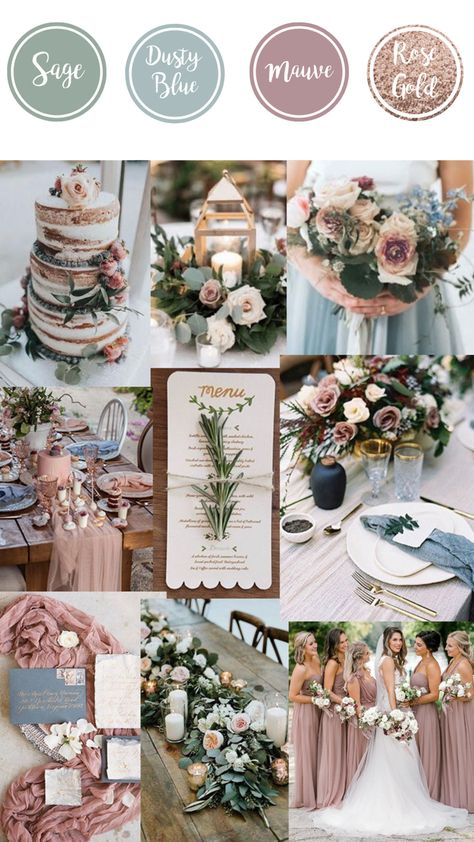 Wedding Color Schemes Rose Gold, Mauve Blue Wedding, Rose Gold And Eucalyptus Wedding, Dusty Blue Mauve Wedding, Subtle Color Wedding, Sage Dusty Blue Mauve Rose Gold Wedding, Sage Mauve Wedding, Dusty Blue And Rose Gold Wedding Theme, Dusty Rose And Dusty Blue Wedding Theme