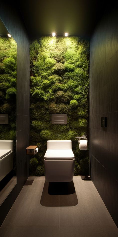 A modern and organic toilet design, featuring a striking moss wall feature that infuses the space with natural texture and calming greenery. This pin showcases the perfect combination of nature and modernity, creating a unique and inspiring feature that captures the attention and admiration of all who see it. Bedroom Wall Decor Aesthetic, Wall Decoration Aesthetic, Room Wall Decoration Ideas, Bathroom Wall Decor Ideas, Decor For Living Room Wall, Toilet Design Modern, Paintings Wall Decor, Organic Interior Design, Small Downstairs Toilet