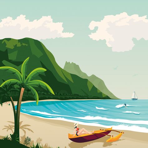 Hawaii Polynesia Island USA Travel Poster Illustration on Behance Tropical Island Illustration, Beach Illustration Art, Drawing Island, Hawaii Illustration, Island Drawing, American Travel Posters, Island Illustration, Hawaii Art Print, Island Poster