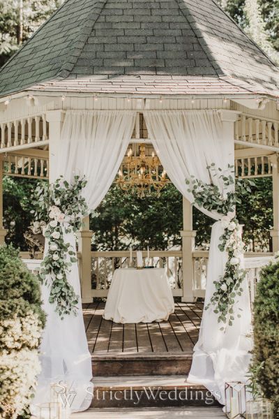 Larry Wedding, Gazebo Wedding Ceremony, Outside Wedding Ceremonies, September Wedding Colors, Gazebo Wedding Decorations, White Gazebo, Wildflower Wedding Theme, Gazebo Decorations, Candlelit Wedding