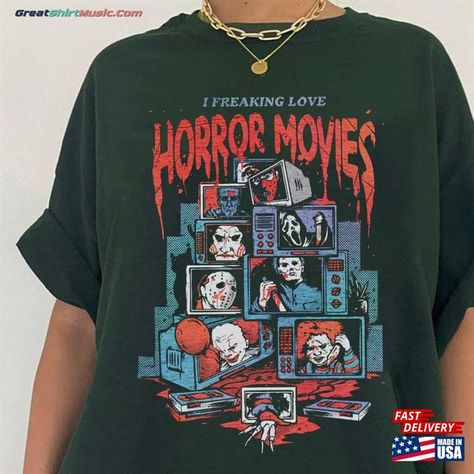 I Freaking Love Horror Movies Tee Halloween Movie Funny T-Shirt Scary Shirt Classic Check more at https://greatshirtmusic.com/product/i-freaking-love-horror-movies-tee-halloween-movie-funny-t-shirt-scary-shirt-classic/ Horror Movie Clothes, Horror Movie Clothing, Horror T Shirt, Movie Funny, Horror Movie T Shirts, Halloween Movie, Movie Shirts, Halloween Movies, Movie T Shirts