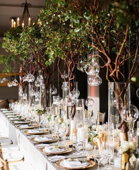 Wedding Branches Decor, Trees In Wedding Reception, Trees At Wedding Reception, Centerpieces Wedding Winter, Green Floral Arrangements Wedding, Wedding Centerpieces Tree, Tall Greenery Centerpieces, Branch Wedding Decor, Tree Centerpieces Wedding