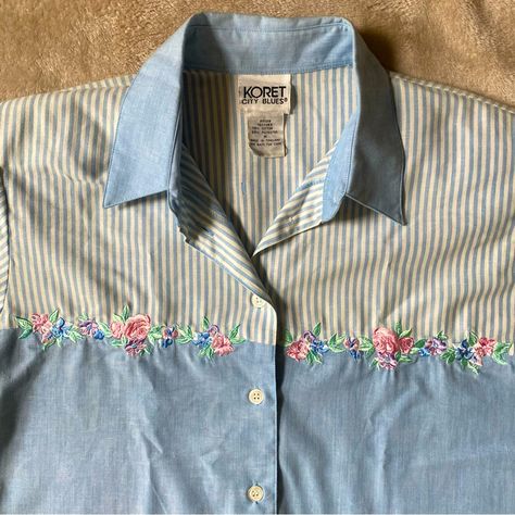 New With Tags. There’s Some Dust Discoloration On Some Parts, Shown In Pics. I Think It Would Wash Out No Problem. Beautiful Embroidery Floral Work. Cottagecore Blue Denim Shirt, Floral Work, Bow Shirts, Gingham Shorts, Blouse Pants, Bohemian Tops, Embroidery Floral, Button Front Top, Floral Sleeve