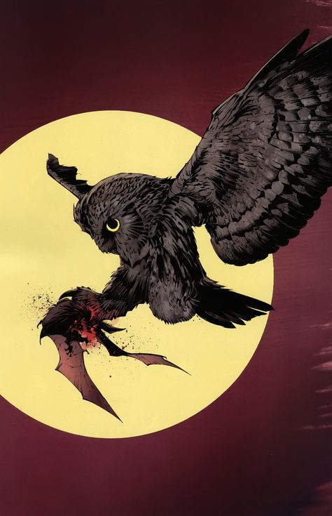 Terrifying panel from Batman #7 that shows the bat that influenced Bruce Wayne to become Batman being killed by an owl immediately after leaving Wayne Manor. If anything, this picture perfectly shows how scary the Court of Owls is! Tumblr, Batman Court Of Owls, Court Of Owls, Wayne Manor, Owl Wallpaper, Batman Artwork, Dc Villains, Halloween Drawings, Batman The Dark Knight