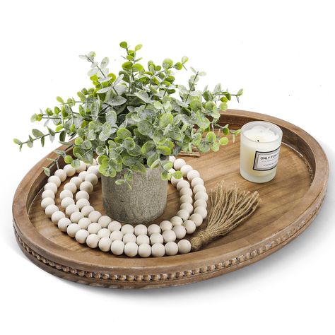 PRICES MAY VARY. WITH WOODEN BEADS GARLAND - Simply fabulous as decorative Items for this farmhouse tray. Total length 148cm / 58 inch, and the Bead diameter is 0.63 inch. FARMHOUSE DECORATION IDEAS - Add the wood beads garland to the tray with a tarnish finish and match with your favorite decorations to form a special decorative tray that will enhance your home decor! FARMHOUSE DECORATIVE TRAYS - The long diameter of the tray is 16.2in, the short diameter is 11.8in, and the height is 1.18in. BU Wooden Beads Garland, Coffee Table Trays, Rustic Table Centerpieces, Tray For Coffee Table, Beads Garland, Tray Coffee Table, Rustic Tray, Farmhouse Tray, Wooden Bead Garland