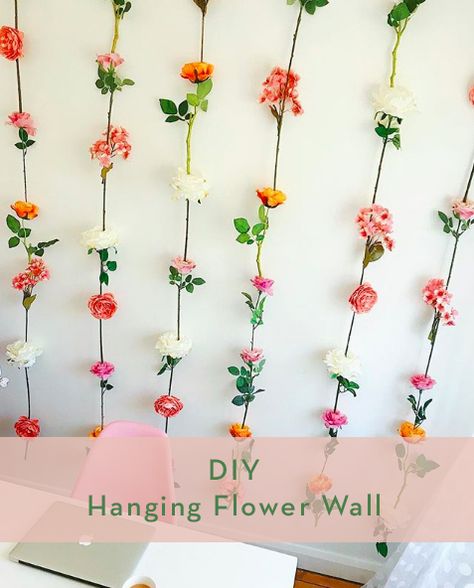 DIY Hanging Flower Wall by Betty  On the ceiling Diy Hanging Flower Wall Backdrop, Diy Flower Wall Hanging, Hang Flowers On Wall, Hanging Flower Wall Diy, Flower Hanging Wall Decor Diy, Diy Flower Ceiling Decor, Hanging Flower Decor Diy, Diy Ceiling Hanging Decor, Diy Flower Decorations Party