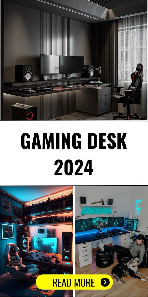 Elevate your gaming experience with the Gaming Desk 2024 series, designed specifically for gamers who value aesthetics and functionality. These desks offer innovative designs for small spaces, ensuring your gaming setup doesn't compromise on style. Choose from a range of materials and colors, including sleek black options, to match your room's decor. Perfect for PC and console setups, these desks are versatile for any gaming project. Pc Gaming Setup Accessories, Scandinavian Gaming Room, Gaming Desk Setup Boys, Cricut Work Station Ideas Small Office, Pc Gaming Setup Desks, Ikea Gaming Room, Ikea Gaming Desk Setup, Gamer Desk Ideas, Diy Gamer Desk