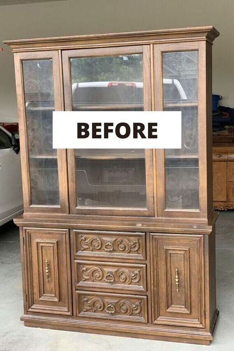 Upcycle Old Bookshelf, Painting Ornate Furniture, Ornate Furniture Makeover, Furniture Upcycle Ideas, China Cabinet Redo, China Cabinet Makeover, Makeover Furniture, Diy Furniture Makeover Ideas, Hutch Makeover