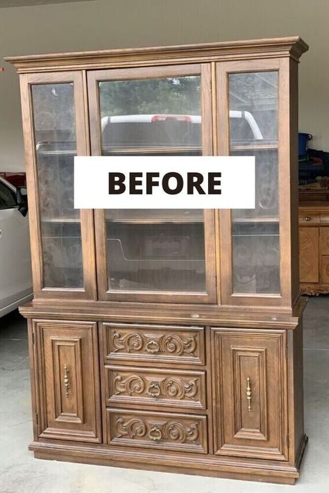 Upcycle Old Bookshelf, Painting Ornate Furniture, Ornate Furniture Makeover, China Cabinet Redo, China Cabinet Makeover, Bookcase Makeover, Makeover Furniture, Hutch Makeover, Furniture Flip