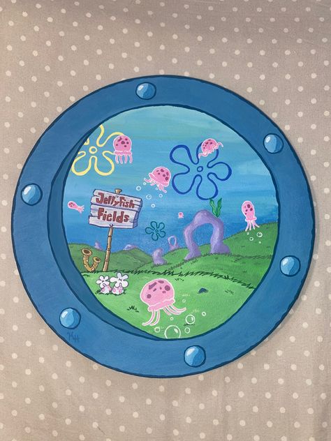 Spongebob Round Canvas, Painting Ideas On A Round Canvas, Rounded Canvas Painting, Things To Paint On A Round Canvas, Painting For Round Canvas, Round Drawing Ideas, Round Canvas Art Ideas, Spongebob Circle Painting, Painting On A Round Canvas