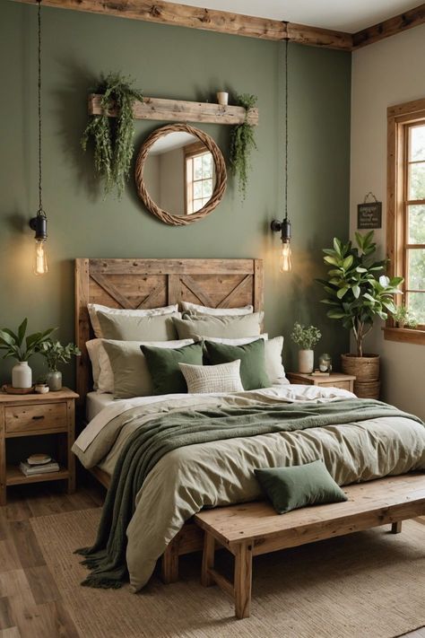 Rustic Bedroom Paint Ideas, Cozy Minimalist Decor, Sage Green Western Bedroom, Green Master Bedrooms Decor Cozy, Rustic Mountain Bedroom, Cottage In The Woods Interior, Rustic Master Bedrooms Farmhouse, Clean Room Aesthetic Cozy Vibes, Farmhouse Bedroom Accent Wall Ideas