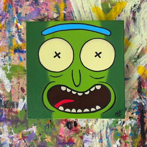Rick And Morty Canvas Painting Easy, Pickle Rick Painting Canvas, 4x4 Canvas Painting Ideas Easy, Rick And Morty Painting Acrylic, Cartoon Character Painting Ideas, Small Square Canvas Painting Ideas Easy, Easy Rick And Morty Painting, Mini Painting Ideas On Canvas, Rick And Morty Art Canvas