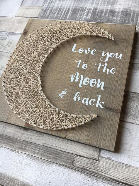 Wood love you to the moon and back string art plaque Upcycling, فن الرسم بالمسامير, Super Saturday Crafts, Father And Daughter Love, Arts And Crafts For Teens, String Art Diy, 40th Gifts, Art Plaque, Pin Art