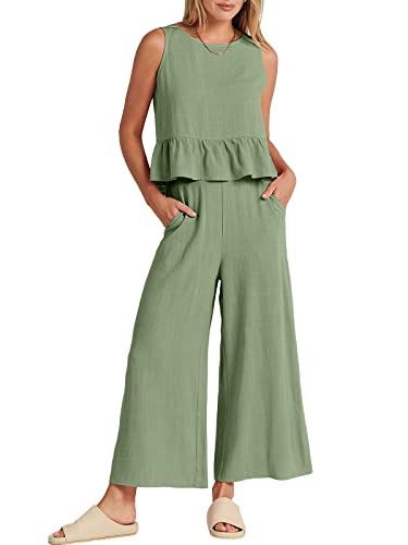 Amazon.com: ANRABESS Women's 2 Piece Outfits Summer Matching Set Lounge Wear Wide Leg Linen Pants Beach Vacation Resort Cruise Casual Dressy Workout Tracksuit Jumpsuit 2023 Trendy Clothes 817xiuhuang-XXL : Clothing, Shoes & Jewelry Summer 2 Piece Outfits, Outfits Sleeveless, Tank Crop Top, Cropped Wide Leg Pants, Linen Jumpsuit, Sleeves Clothing, Casual Sets, Neck Ruffle, 2 Piece Outfits