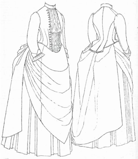 1880s Bustle Dress – Rebecca Rom Croquis, Bustle Dress Pattern, Victorian Dress Drawing, Janet Arnold, 1880s Dress, Victorian Dress Pattern, 1880 Fashion, Victorian Bustle, Victorian Era Fashion