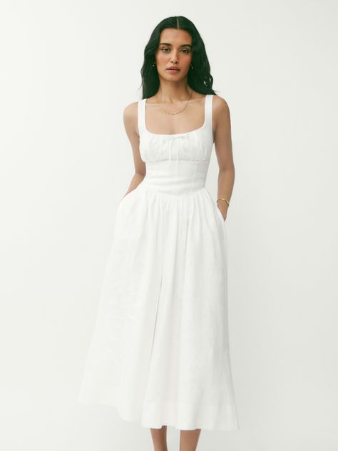 The 21 Best White Dresses to Invest in This Summer | Who What Wear UK Linen Wedding Dress, Essential Dress, White Linen Dresses, Strappy Sandals Flat, Mediterranean Cruise, Swimwear Dress, Dress Aesthetic, Grad Dresses, Linen Maxi Dress