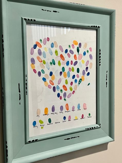 Gift for grandmom - different color for each grandkid. Have them fingerpint inside a heart. I lightly drew a heart in pencil then erased the pencil once the ink dried. #mothersdaygifts #grandma #grandparents #grandchildren #diy #giftideas Grandma Picture Frame Diy, Grandkids Crafts For Grandma, Valentines Gift Grandparents, Crafts From Kids To Grandparents, Mother’s Day Handprint Art For Grandma, Grandparent Gift Craft, Diy Valentines Gifts For Grandma, Christmas Craft Gifts For Grandparents, Grandkid Handprint Gift