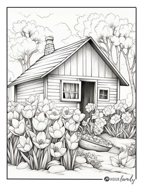 Nature, Field Of Flowers Coloring Page, Garden Coloring Pages Free Printable, Spring Coloring Pages Free Printable, Country Coloring Pages, Free Spring Coloring Pages, Country House Colors, Colour In Pictures, Tattoo Coloring Pages