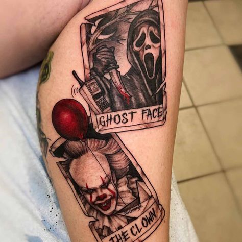 51 Horror Movie Tattoos From Slasher Scenes to Scream - Tattoo Glee Scream Themed Tattoo, Scary Horror Tattoos, Horror Film Sleeve Tattoo, Scary Movie Characters Tattoos, Horror Film Tattoo Sleeve, Horror Themed Leg Sleeve Tattoo, Horror Villains Tattoo, Horror Theme Leg Sleeve Tattoo, Horror Tattoo Women