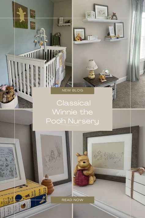 Classical Winnie the Pooh Nursery - the perfect nursery theme! Check it out for Winnie the Pooh bedding and Winnie the Pooh decor - all with a Classical Winnie the Pooh vibe! Featuring Sherwin Williams "Fresh Idea" blue accent wall Winnie The Pooh Bedding, Twin Nursery Room, Pooh Decor, Peanuts Nursery, Blue Accent Wall, Winnie The Pooh Decor, Winnie The Pooh Classic, Pooh Nursery, Nursery Room Themes