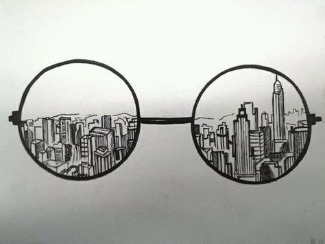 Creative Drawing Ideas, keep the round glasses and instead of skyscrapers but in Hogwarts Drawing Eyes, Japanese Graphic Design, Drawing Faces, Drawing Hair, Drawing Hands, Tumblr Hipster, Tumblr Drawings, Kunst Inspiration, 문신 디자인