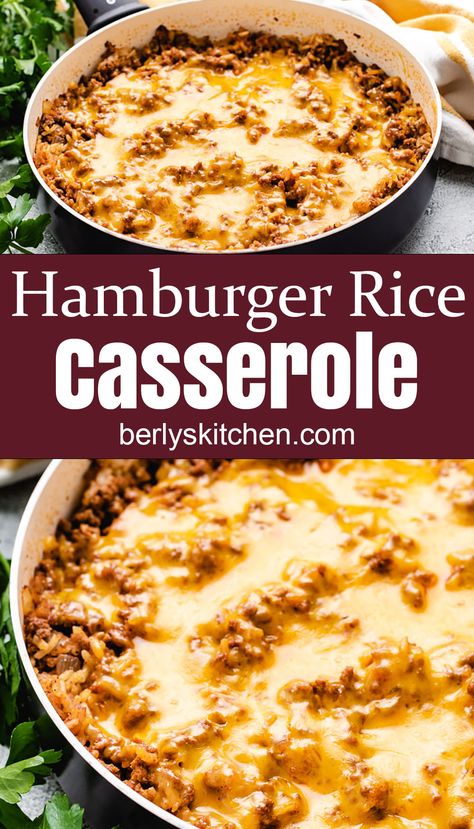 Hamburger Rice Casserole is an easy, cheesy, one-pan meal that's made with ground beef, onions, rice, savory seasonings, and topped with plenty of melted cheese. #berlyskitchen Burger And Rice Casserole, Meals Made With Hamburger Meat, Hamburger Over Rice, Casserole Rice Recipes, Cowboy Rice Casserole, Cheesy Beef Rice Casserole, Beef And Rice Skillet Meal, Beef And Rice Dishes, Foods With Hamburger Meat