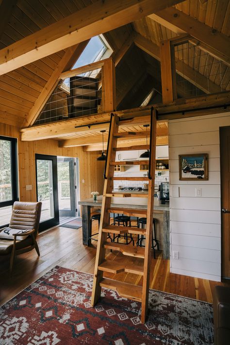 Tiny Cabin Loft Ideas, Cabin With Loft Interior, Cool Cabin Interiors, Small Cabin On The Lake, Lofted Cabin Interior, Small Cabin Loft Bedroom, Small Log Cabins With Loft, Wood Cabin Ideas, Indoor Cabin Ideas