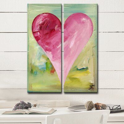 This Set features a pretty in the pink heart with an assortment of shades from magenta to baby pink on a background fusion of turquoise and gold. This tribute piece represents the beauty in feminine strength. Handcrafted in the United States, this canvas art arrives ready to hang on your wall. Decorate any wall in your space, with this wall art which is easily adaptable with most styles of decor. Size: 40" H x 32" W x 1.5" D Wood Heart Painting Ideas, Valentines Artwork, Paint Valentines, Art Mini Toile, Valentines Art For Kids, Heart Canvas Art, Heart Art Projects, Feminine Strength, Valentines Watercolor