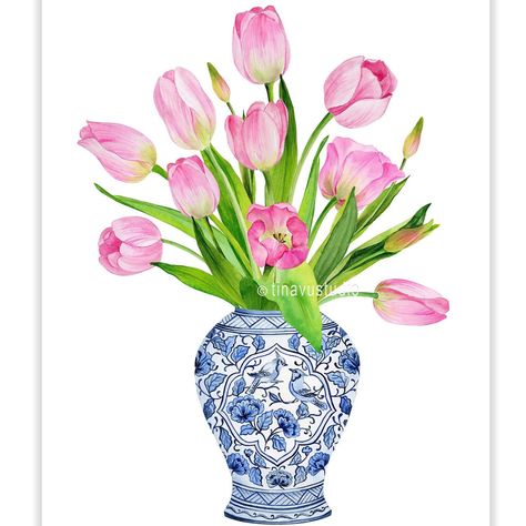 Mother’s Day flowers - watercolor painting printable Tulips In Vase Drawing, Nianiani Watercolor, Blue And White Vases With Flowers, Watercolor Flower Vase, Blue Vase With Flowers, Tulip Flower Painting, Tulips Watercolor Painting, Vase Watercolor, Tulips Blue