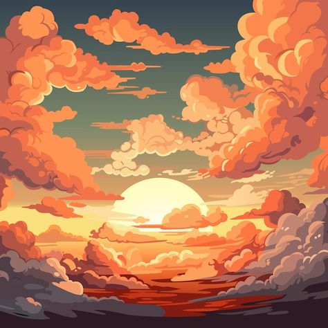 Vector evening sky clouds sunset backgro... | Premium Vector #Freepik #vector #anime-sky #sunset-clouds #sky-illustration #dusk Night Clouds Drawing, Cool Cloud Drawings, Cute Sky Drawing, Sky Vector Illustration, Cloudy Sky Drawing, Sunset Art Aesthetic, Clouds Illustration Art, Sun Aesthetic Art, Sky Background Aesthetic