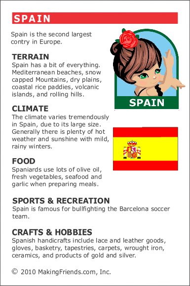 Spain Fact Card for your Girl Scout World Thinking Day or International celebration. Free printable available at MakingFriends.com. Fits perfectly in the World Thinking Passport, also available at MakingFriends.com Facts About Spain, Visit Spain, Around The World Theme, Country Studies, Girl Scout Activities, Teaching Geography, Homeschool Geography, World Thinking Day, Country Facts