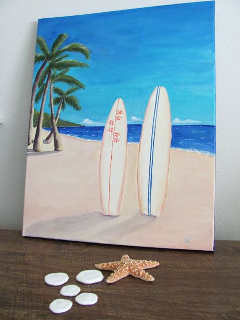Surf Boards Painting, Sup And Paint Ideas, Surfboard Canvas Painting, Small Painting Inspiration, What To Paint On Canvas Aesthetic, Painting Of A Surfboard, Sea Painting Ideas On Canvas, Painting Ideas On Canvas Summer Vibes, What To Paint When Your Bored