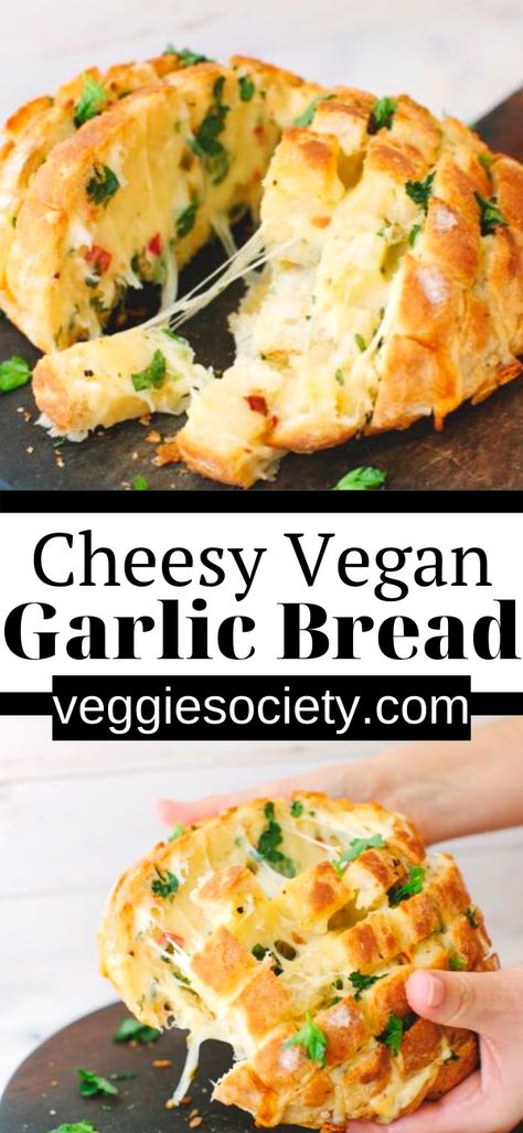 Vegan Cheesy Garlic Bread, Vegan Savory Snacks, Vegan Bread Pudding, Vegan Garlic Bread, Cheesy Garlic Bread Recipe, Vegan Breads, Homemade Garlic Butter, Vegan Party Food, Garlic Bread Recipe