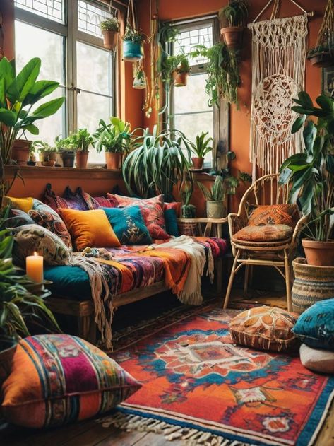 Colorful Bohemian Oasis: Create a vibrant and eclectic home with this bohemian interior design idea Fill the space with richly patterned rugs in a myriad of colors, complemented by an assortment of plush cushions and pillows Bohemian Patio Decor, Mismatched Furniture, Patio Decor Ideas, Bohemian Patio, Wrought Iron Furniture, Macrame Hanging Planter, Bohemian Interior Design, Multipurpose Furniture, Elegant Table Settings