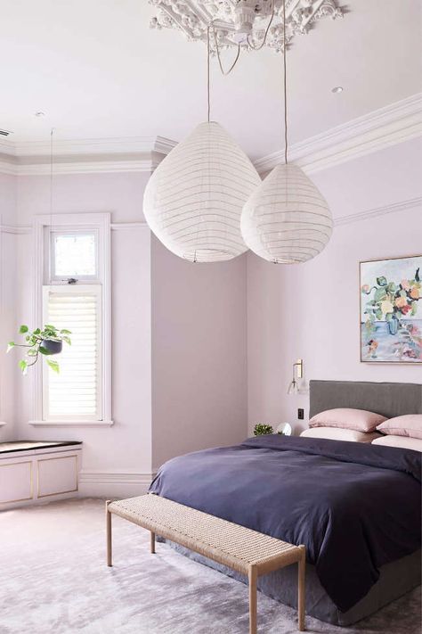 August 2018 – Page 3 Lavender Walls Bedroom Ideas, Rooms With Lilac Walls, Lilac Walls Bedroom Ideas, Purple Wainscoting Bedroom, Purple Room Interior, Lilac Room Color, Hazy Lilac Bedroom, Bedroom Lavender Walls, Navy And Lavender Bedroom