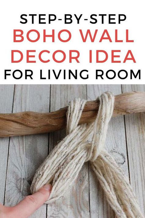Do you love bohemian decor? Then you'll love this cheap wall decoration idea for your bedroom or living room. This easy DIY craft is easy and budget friendly with things you can pick up from your local dollar tree or hobby store. #diy #bohodecor #walldecor Hangin Wall Art, Diy Boho Throw Blanket, Large Boho Wall Hanging, Diy Room Chandelier, Large Driftwood Art, Make Your Own Macrame Wall Hanging, Simple Yarn Wall Hanging, Dollar Tree Hallway Wall Decor, Hanging Material On Wall