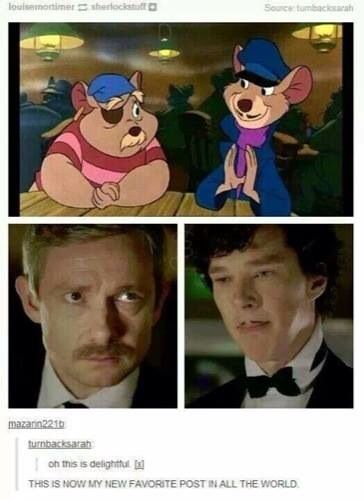 Great mouse detective & Sherlock Holmes :) two of my fav things John Watson, Humour, Great Mouse Detective, John Lock, Mouse Detective, The Great Mouse Detective, Mrs Hudson, Sherlock 3, Sherlock Fandom